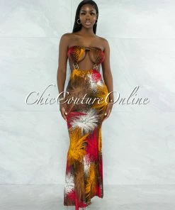 Vendor-unknown JUST IN Weston Brown Red Print Cut-Out Gold Accent Maxi Dress