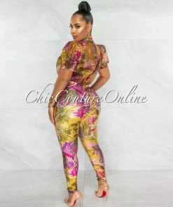 Chic Couture Online JUST IN Barden Green Fuchsia Print See-Thru Top Jumpsuit