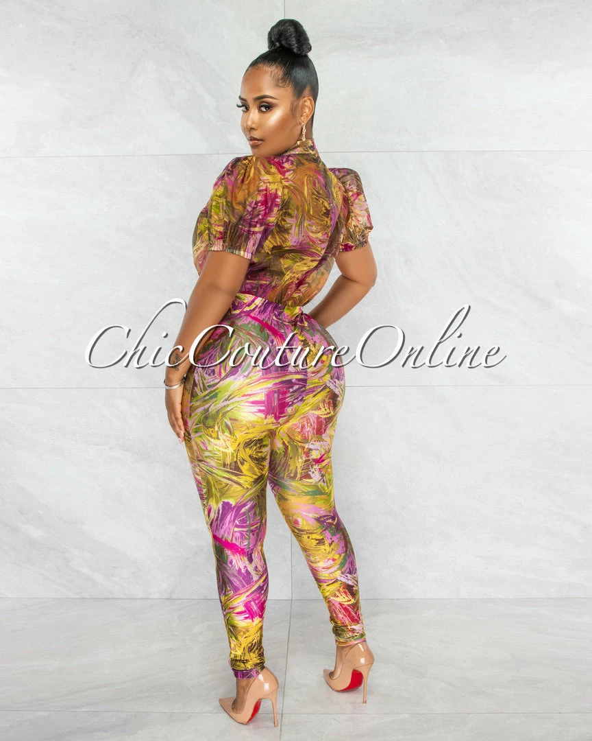 Chic Couture Online JUST IN Barden Green Fuchsia Print See-Thru Top Jumpsuit