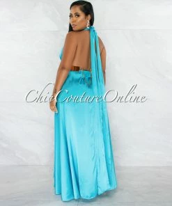 Chic Couture Online Lorenie Turquoise Deep-V Multi-Way High Slits Silky Maxi Dress JUST IN