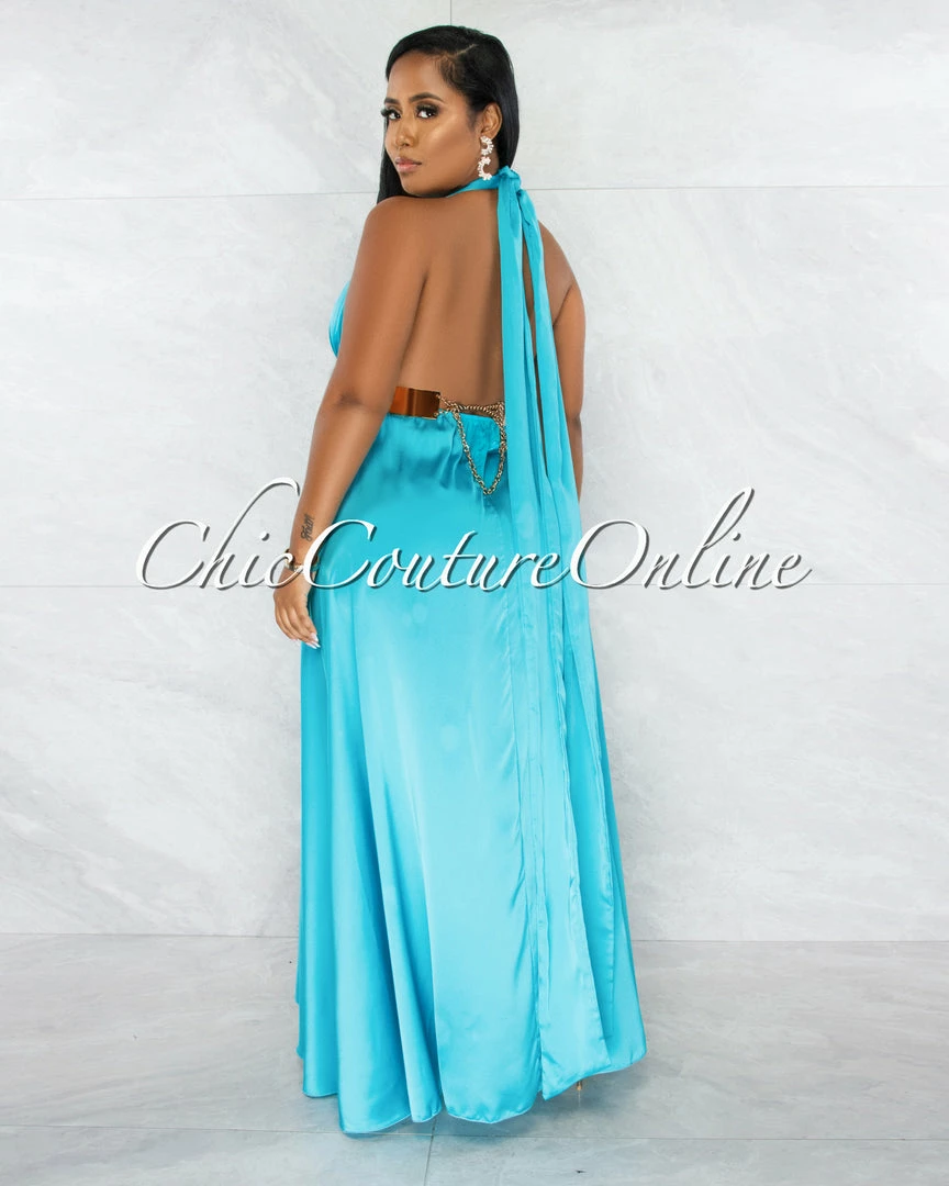 Chic Couture Online Lorenie Turquoise Deep-V Multi-Way High Slits Silky Maxi Dress JUST IN