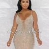 Vendor-unknown Jonas Nude Mesh Rhinestones & Pearls Mini Dress JUST IN