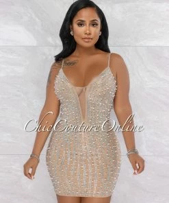 Vendor-unknown Jonas Nude Mesh Rhinestones & Pearls Mini Dress JUST IN