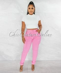 Chic Couture Online JUST IN Ashley Pink Drawstring Cargo Jogger Pants