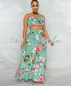 Chic Couture Online Helia Sage Floral Print Draped Crop Top & Wide Pants Set