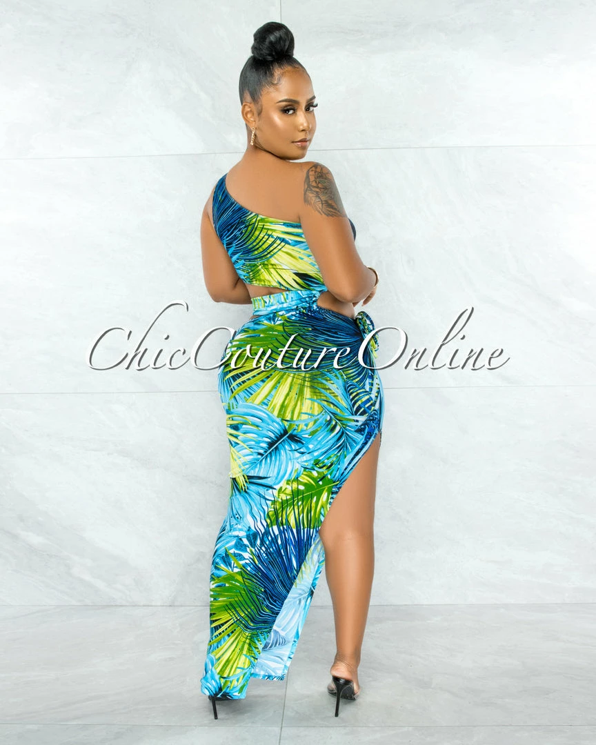 Chic Couture Online JUST IN Samira Green Blue Leaf Print Knot Cut-Out Maxi Dress