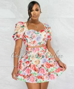 Vendor-unknown Rakim Ivory Floral Print Crop Top & Ruffle Skirt Set