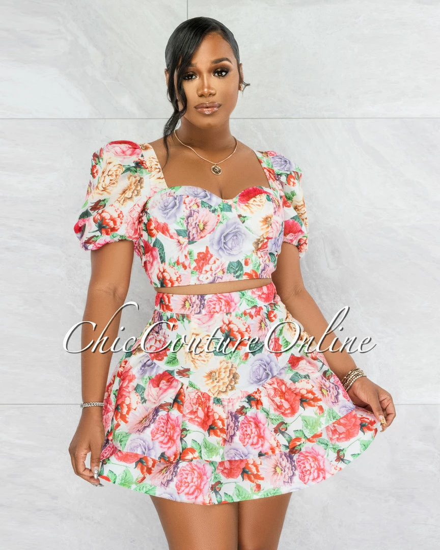 Vendor-unknown Rakim Ivory Floral Print Crop Top & Ruffle Skirt Set