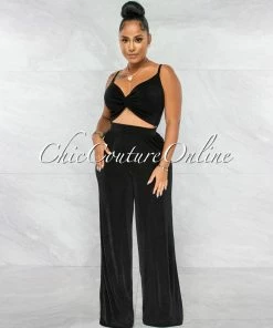Chic Couture Online JUST IN Arabella Black Knot Crop Top & Wide Pants Shimmer Set