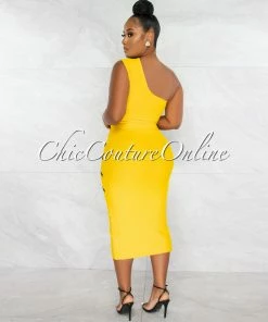 Chic Couture Online JUST IN Morgany Yellow Black Stripes Bandage Midi Dress