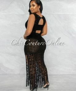 Vendor-unknown Millan Black Crochet Cover-Up Midi Dress JUST IN