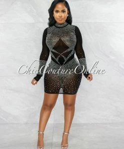 Vendor-unknown Bernuda Black Silver Rhinestones Mesh Mini Dress