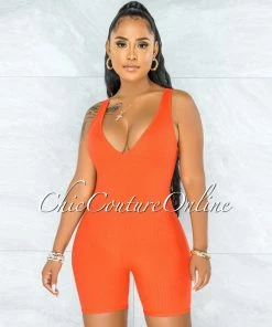 Vendor-unknown JUST IN Golan Orange Ribbed V-Neck Romper