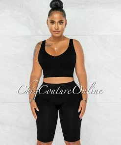 Chic Couture Online Jaiden Black Ribbed Crop Top & Bike Shorts Set JUST IN