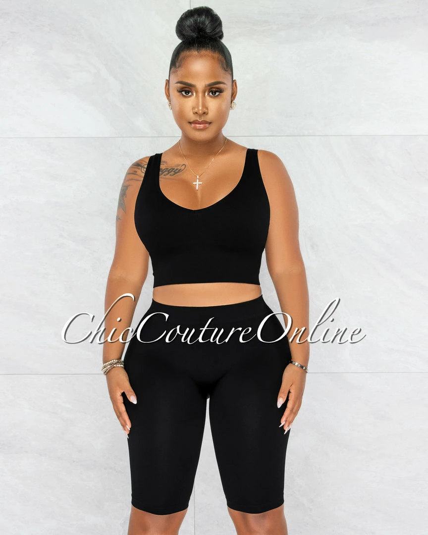 Chic Couture Online Jaiden Black Ribbed Crop Top & Bike Shorts Set JUST IN