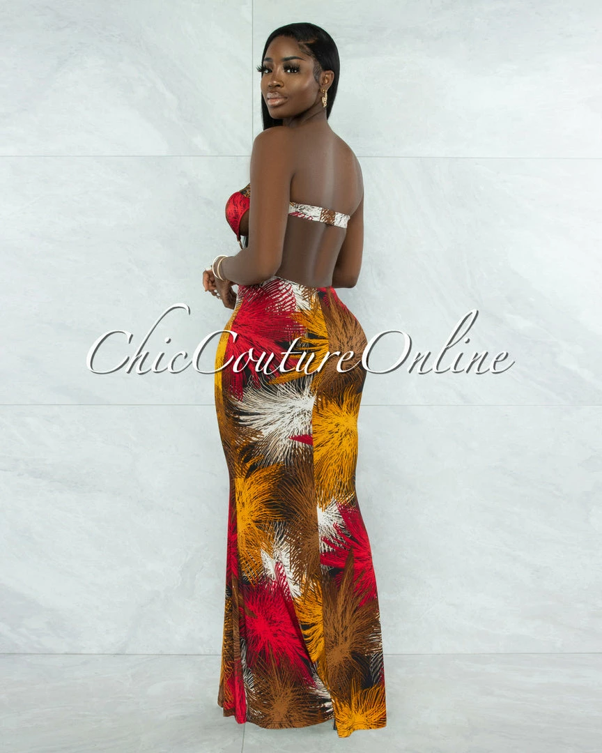 Vendor-unknown JUST IN Weston Brown Red Print Cut-Out Gold Accent Maxi Dress