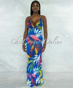 Vendor-unknown Tredan Royal Blue Multi-Color Print Back Cut-Out Maxi Dress
