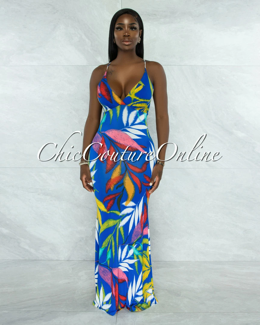 Vendor-unknown Tredan Royal Blue Multi-Color Print Back Cut-Out Maxi Dress