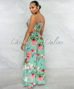 Chic Couture Online Helia Sage Floral Print Draped Crop Top & Wide Pants Set