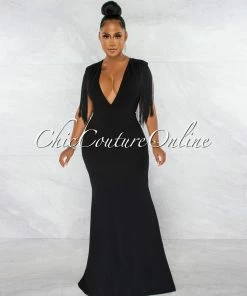 Chic Couture Online JUST IN Orane Black Fringe Shoulders Semi-Mermaid Maxi Dress