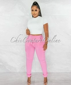 Chic Couture Online JUST IN Ashley Pink Drawstring Cargo Jogger Pants