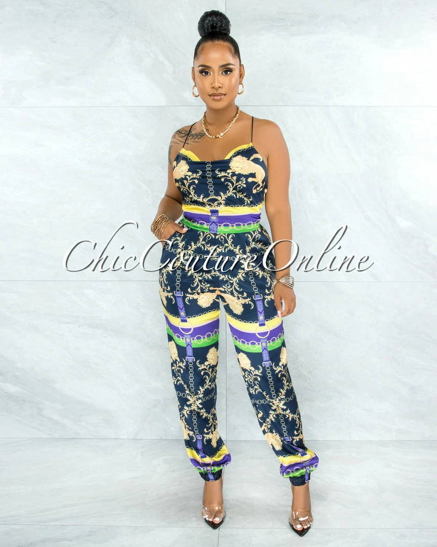 Vendor-unknown JUST IN Baakir Navy Blue Multi-Color Print Lace-Up Top & Pants Set