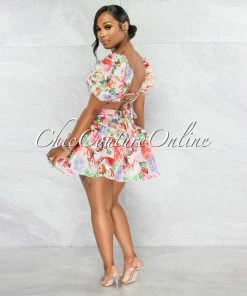 Vendor-unknown Rakim Ivory Floral Print Crop Top & Ruffle Skirt Set
