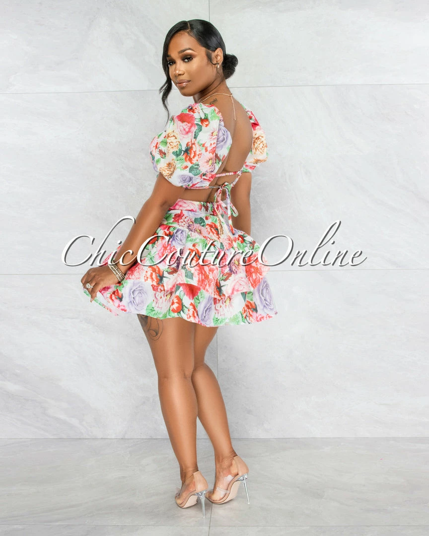 Vendor-unknown Rakim Ivory Floral Print Crop Top & Ruffle Skirt Set