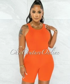 Chic Couture Online JUST IN Mutina Orange Ribbed Bodysuit & Shorts Set
