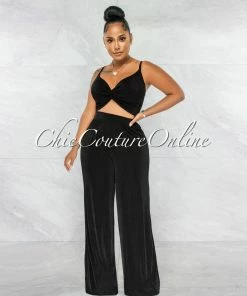 Chic Couture Online JUST IN Arabella Black Knot Crop Top & Wide Pants Shimmer Set
