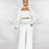 Chic Couture Online Gianna Off-White Padded Shoulders Gold Belt Luxe Jumpsuit