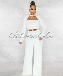 Chic Couture Online Gianna Off-White Padded Shoulders Gold Belt Luxe Jumpsuit