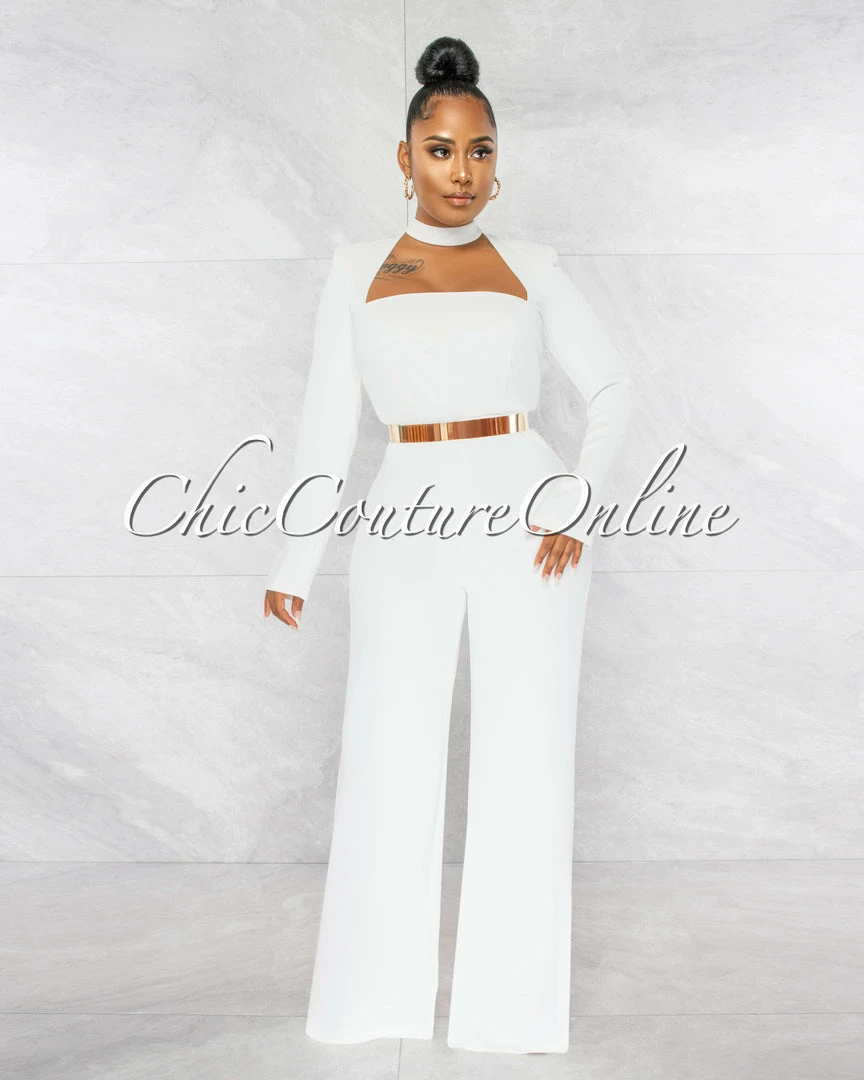 Chic Couture Online Gianna Off-White Padded Shoulders Gold Belt Luxe Jumpsuit