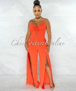 Chic Couture Online Destiny Orange Bust Key-Hole Knot Slit Legs Jumpsuit