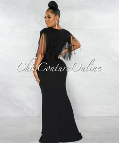 Chic Couture Online JUST IN Orane Black Fringe Shoulders Semi-Mermaid Maxi Dress