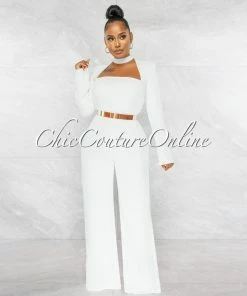 Chic Couture Online Gianna Off-White Padded Shoulders Gold Belt Luxe Jumpsuit