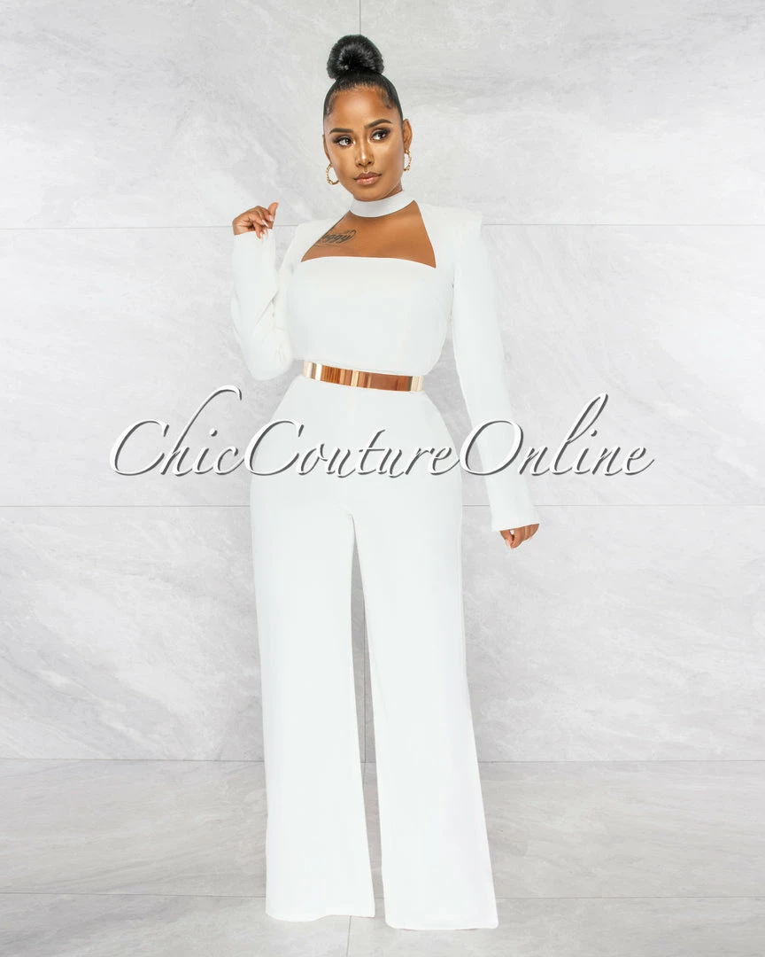 Chic Couture Online Gianna Off-White Padded Shoulders Gold Belt Luxe Jumpsuit