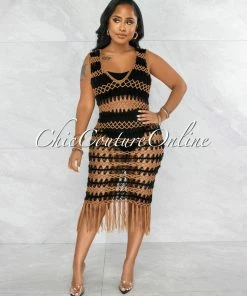 Vendor-unknown JUST IN Merecia Black Mocha Crochet Cover-Up Midi Dress