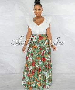 Vendor-unknown Hirma Green Rust Floral Print Maxi Skirt