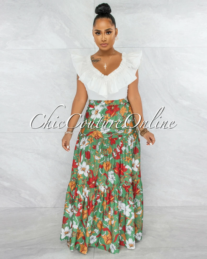 Vendor-unknown Hirma Green Rust Floral Print Maxi Skirt