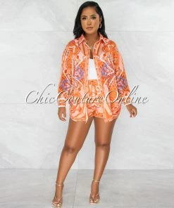 Chic Couture Online Vineta Orange Multi-Color Shirt & Flutter Mini Shorts Set JUST IN