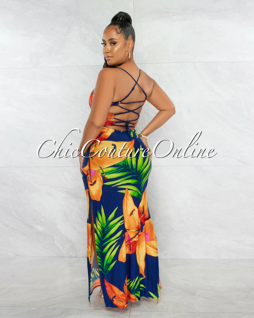Chic Couture Online Amaria Navy Blue Multi-Color Print Lace-Up Back Maxi Dress JUST IN