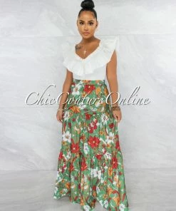 Vendor-unknown Hirma Green Rust Floral Print Maxi Skirt