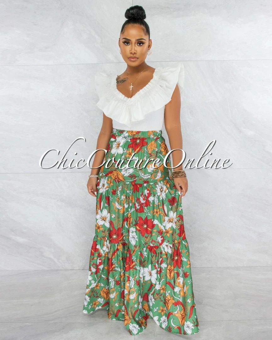 Vendor-unknown Hirma Green Rust Floral Print Maxi Skirt