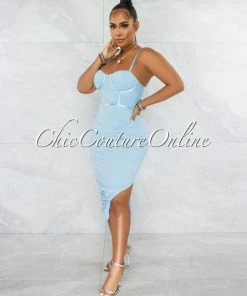 Chic Couture Online JUST IN Dario Baby Blue Padded Cups Mesh Ruched Midi Dress