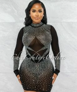 Vendor-unknown Bernuda Black Silver Rhinestones Mesh Mini Dress