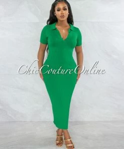 Vendor-unknown JUST IN Colanda Kelly Green Ribbed Collar Maxi Dress