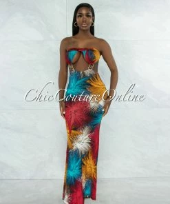 Vendor-unknown Weston Blue Brown Print Cut-Out Gold Accent Maxi Dress
