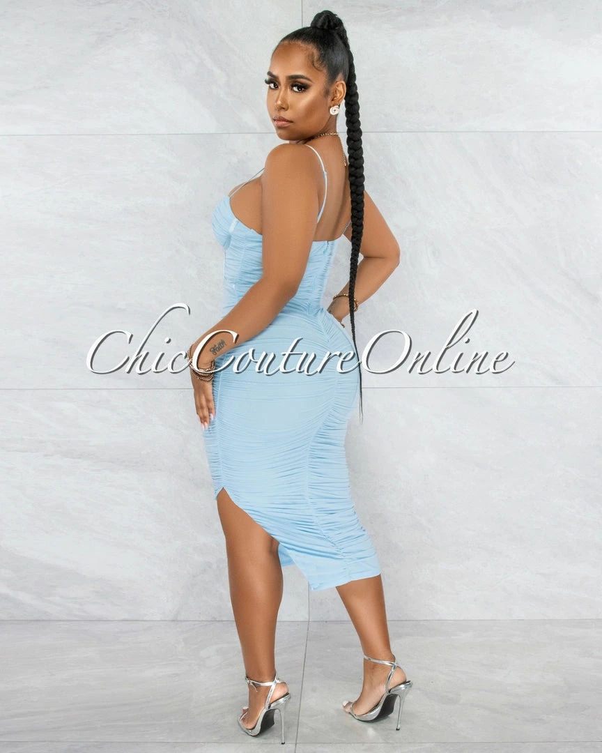 Chic Couture Online JUST IN Dario Baby Blue Padded Cups Mesh Ruched Midi Dress