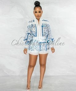Vendor-unknown JUST IN Muslie White Blue Crochet Pearl Sheer Blouse & Shorts Set